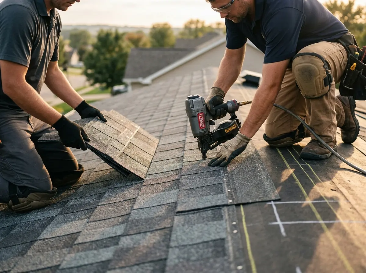 Professional roofer working on a residential roof in Brooksville